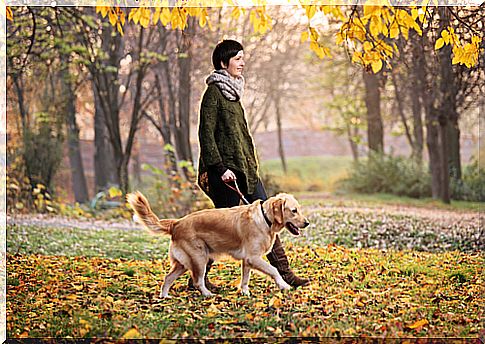 woman walking with dog